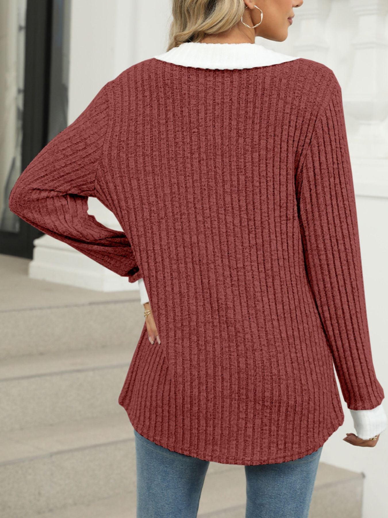 Ribbed Knit Long Sleeve T-Shirt