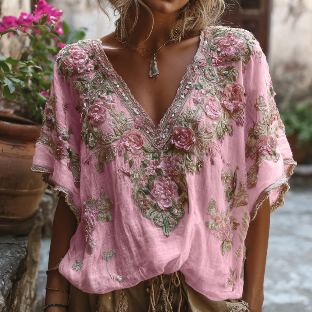 Bohemian-style Pink Floral Embroidery V-neck Short-sleeved Shirt With Sequins