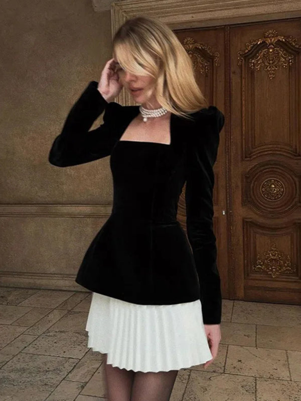 Fashionable And Personalized Long-Sleeved Color-Blocked Pleated Hem Mini Skirt Dress