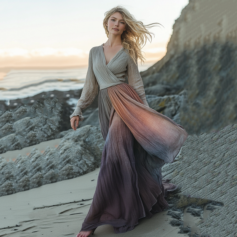 Women's Gradient Long Sleeve Casual Maxi Dress b306