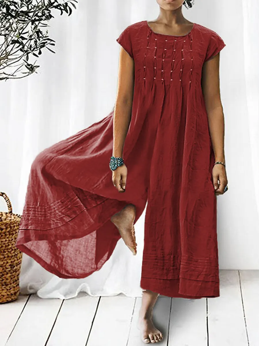 Women's Solid Color Art Casual Short Sleeve Cotton Linen Jumpsuit