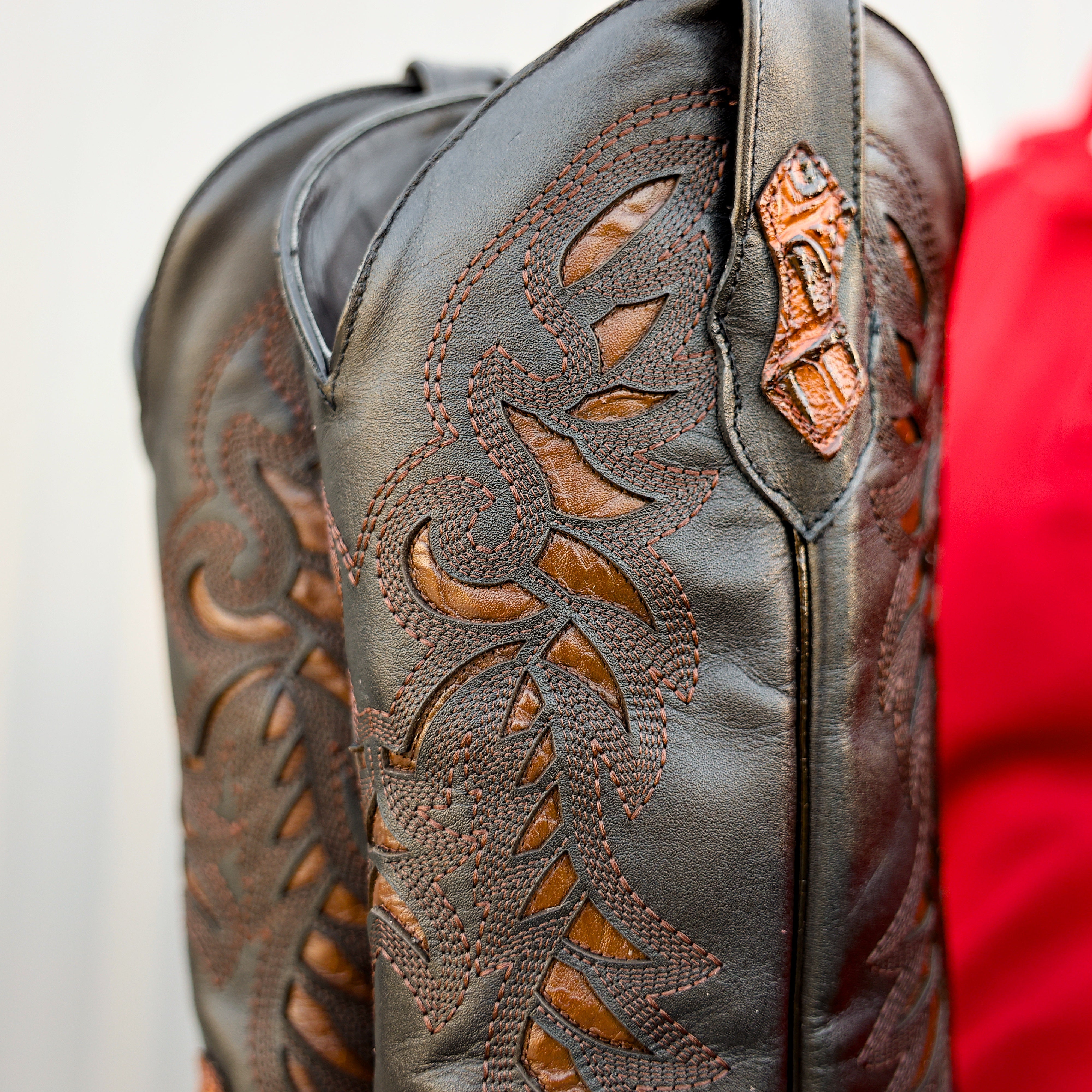 Cognac Caiman Neck Leather Boots - Square Toe