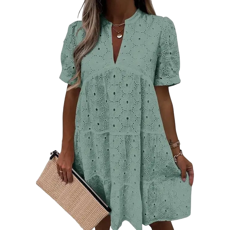 💖Wenrine Women’s Summer Lace Dresses Eyelet Casual Flowy Babydoll Swing Short Sleeve V Neck Tunic Dress