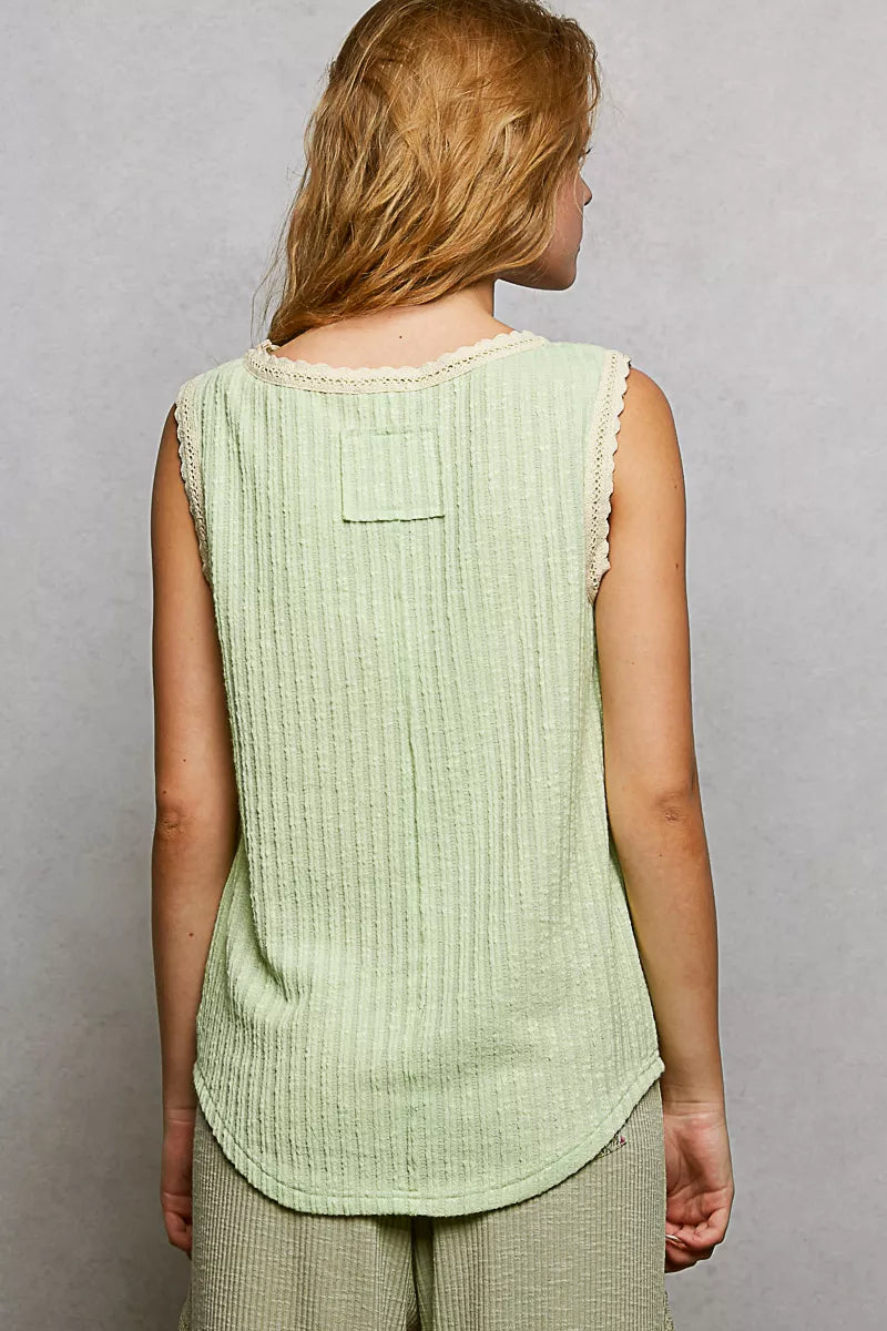 POL Ribbed Round Neck Tank with Lace Trim