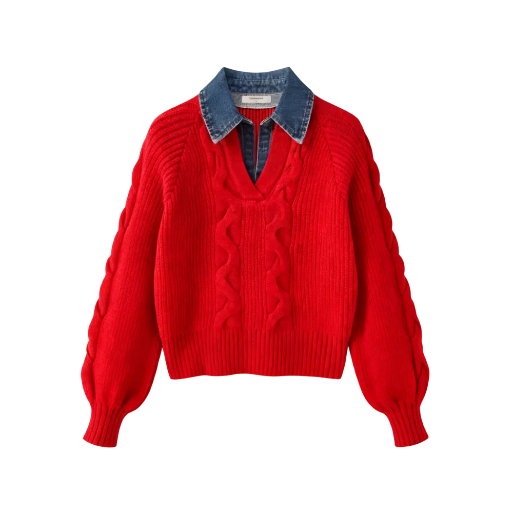 Denim Panel Ribbed Lapel Sweater