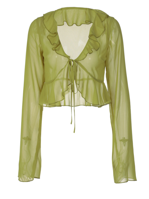 New Style Ruffled Lace-Up Deep V-Neck Long-Sleeved Transparent Top