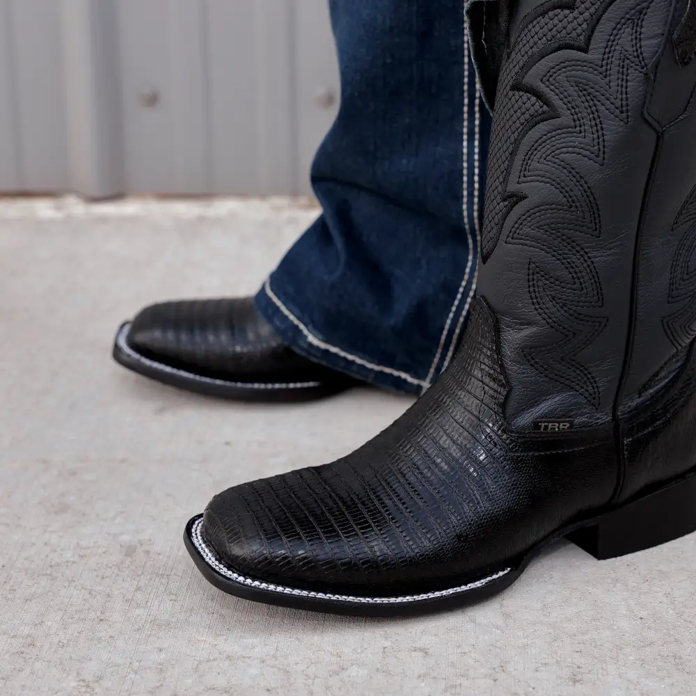 Black Lizard Leather Boots - Square Toe