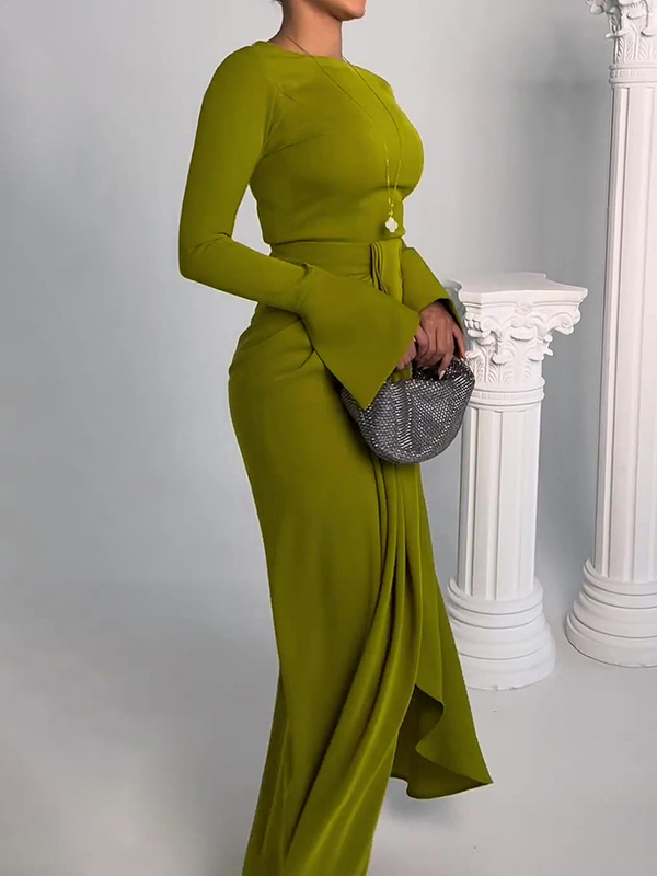 Solid Color Split-Front Bodycon Irregularity Round-Neck Maxi Dresses