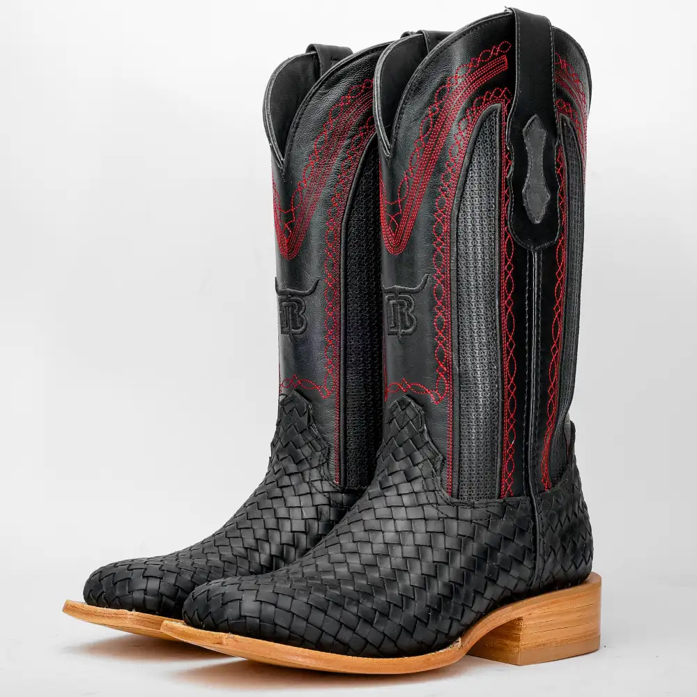 Black Basketweave Leather Boots - Square Toe