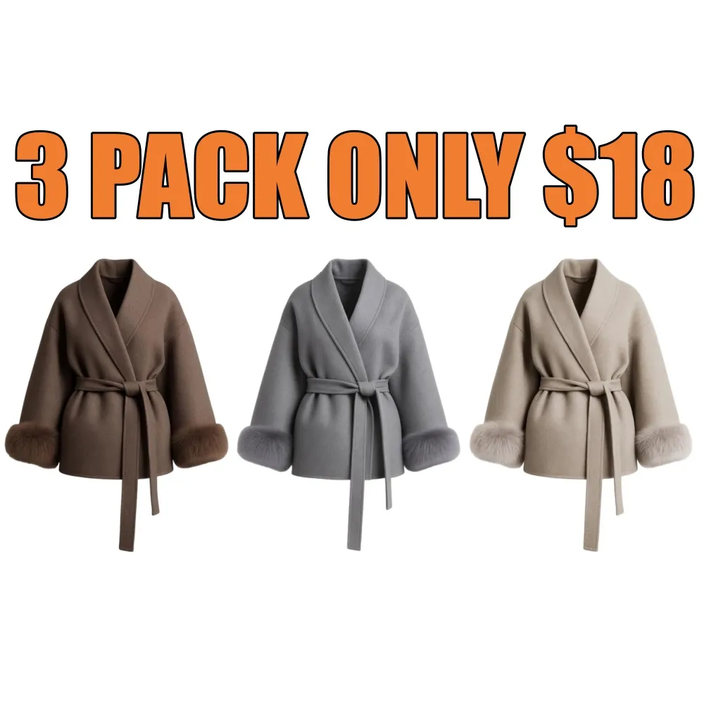 Women's Elegant Solid Color Waist Tie Plush Long Sleeve Thermal Wrap Coat