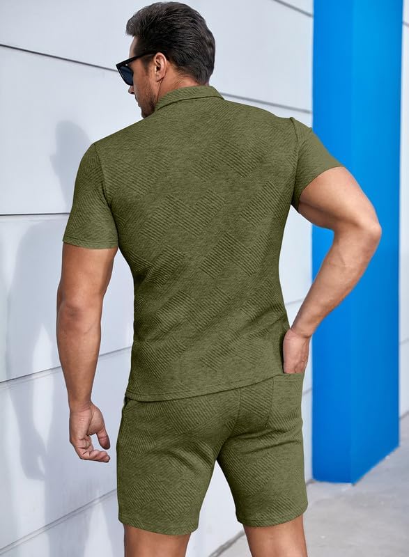 Men's Polo Shirt and Shorts Set Soild Color Geometric Texture Casual Short Sleeve 2 Piece Outfits Sweatsuits Summer