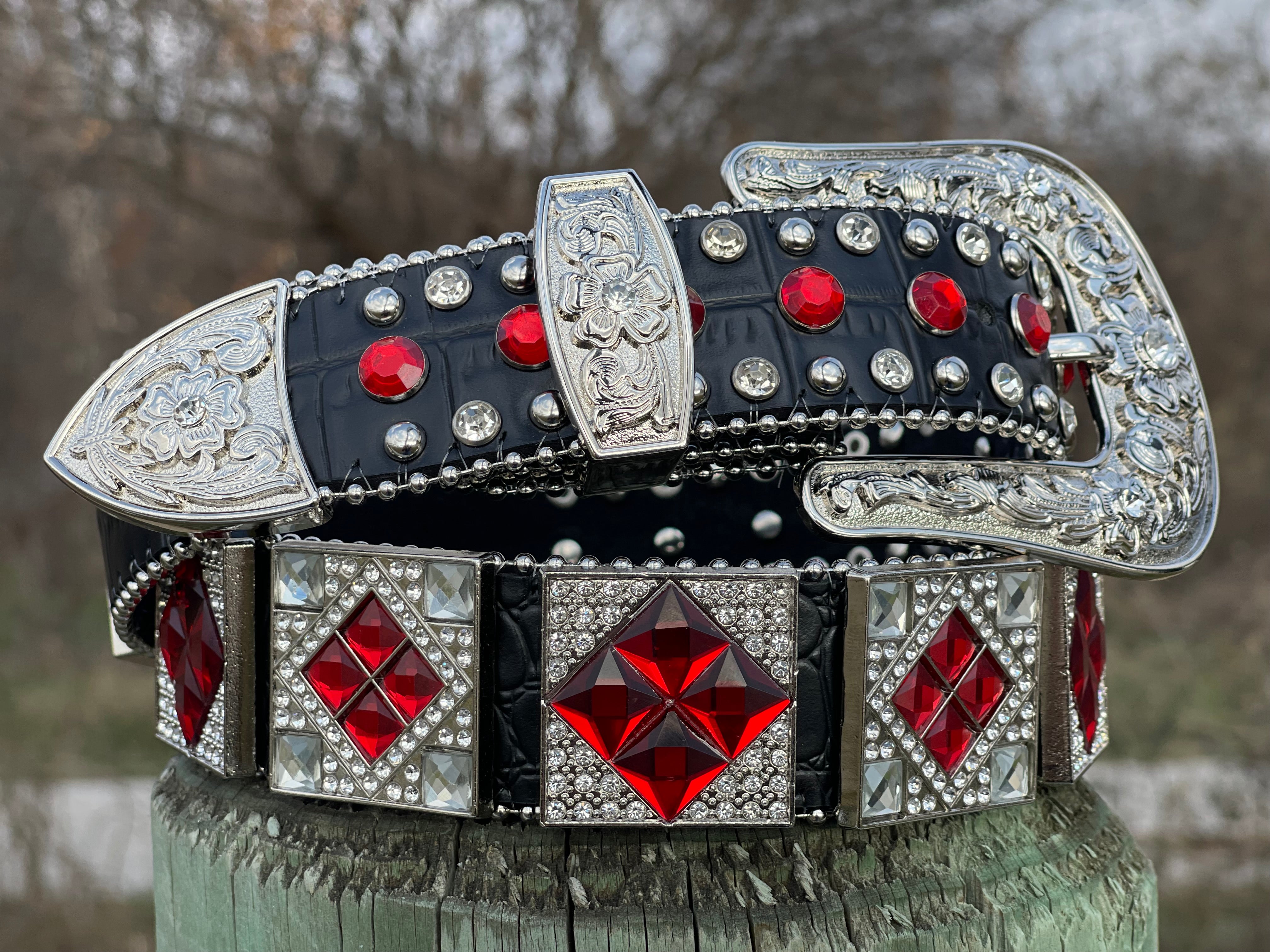 Unisex Black Leather Belt With Red Rhinestones
