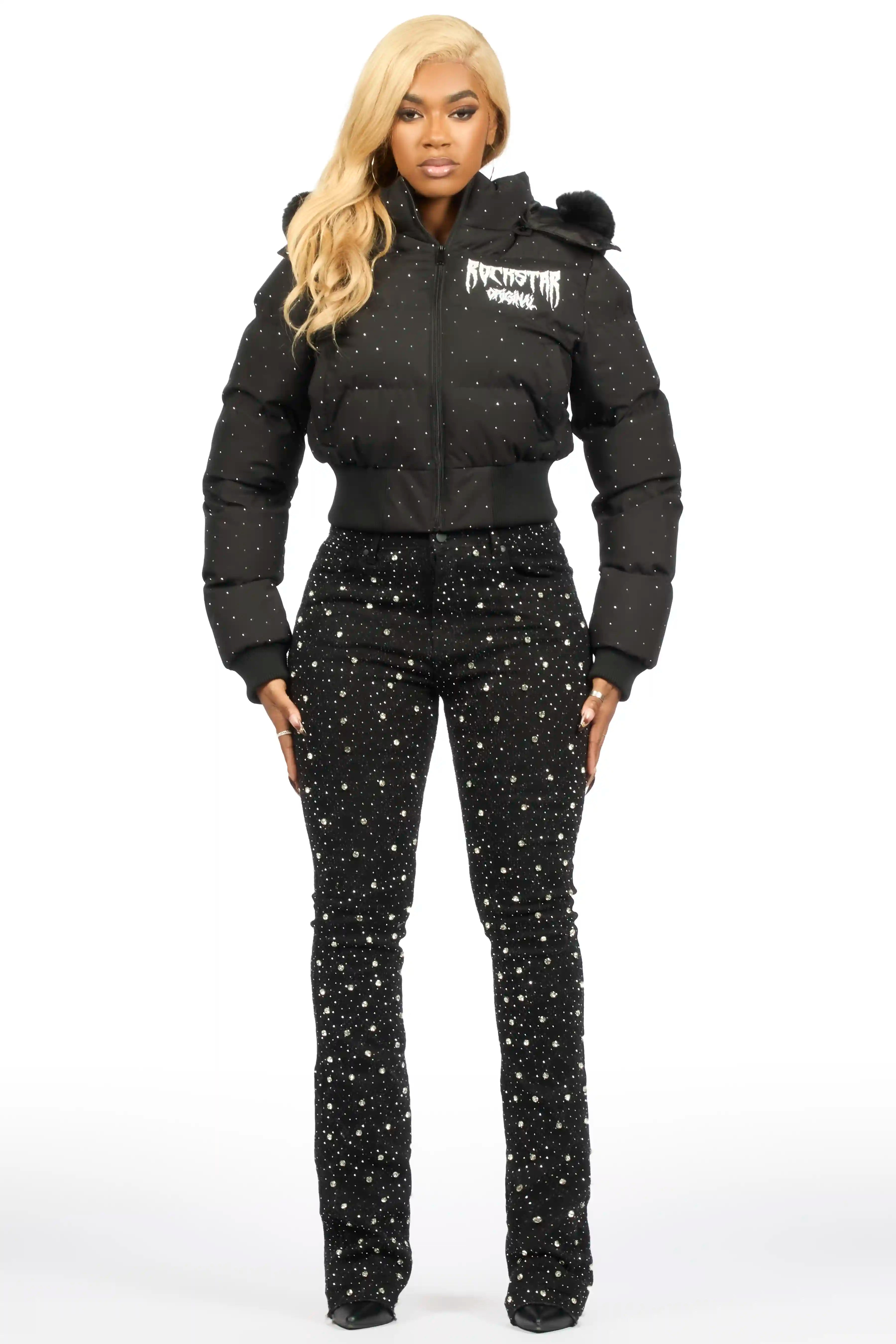 Gabrielle Black Rhinestone Puffer Jacket With Fur Hood