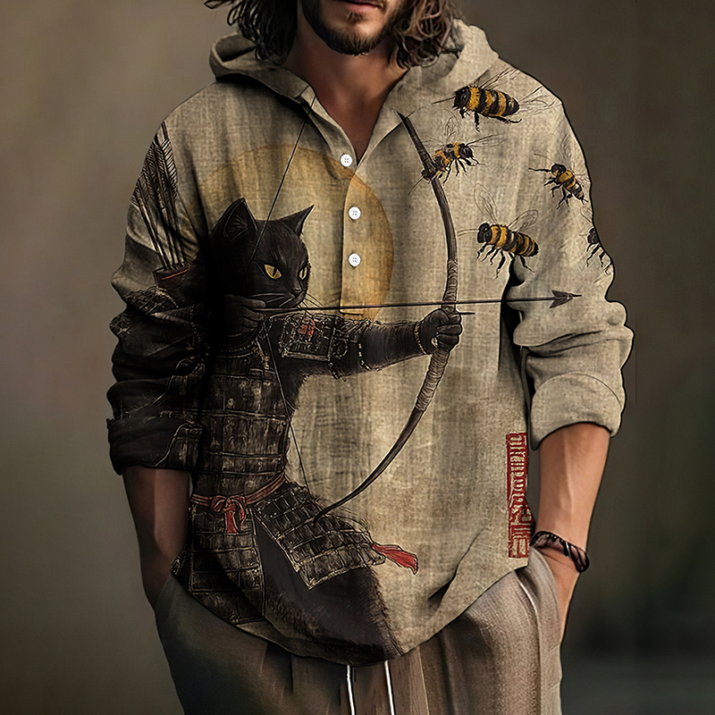 Men's Black Cat Tribal Warrior Japanese Kyudo Hooded Shirt