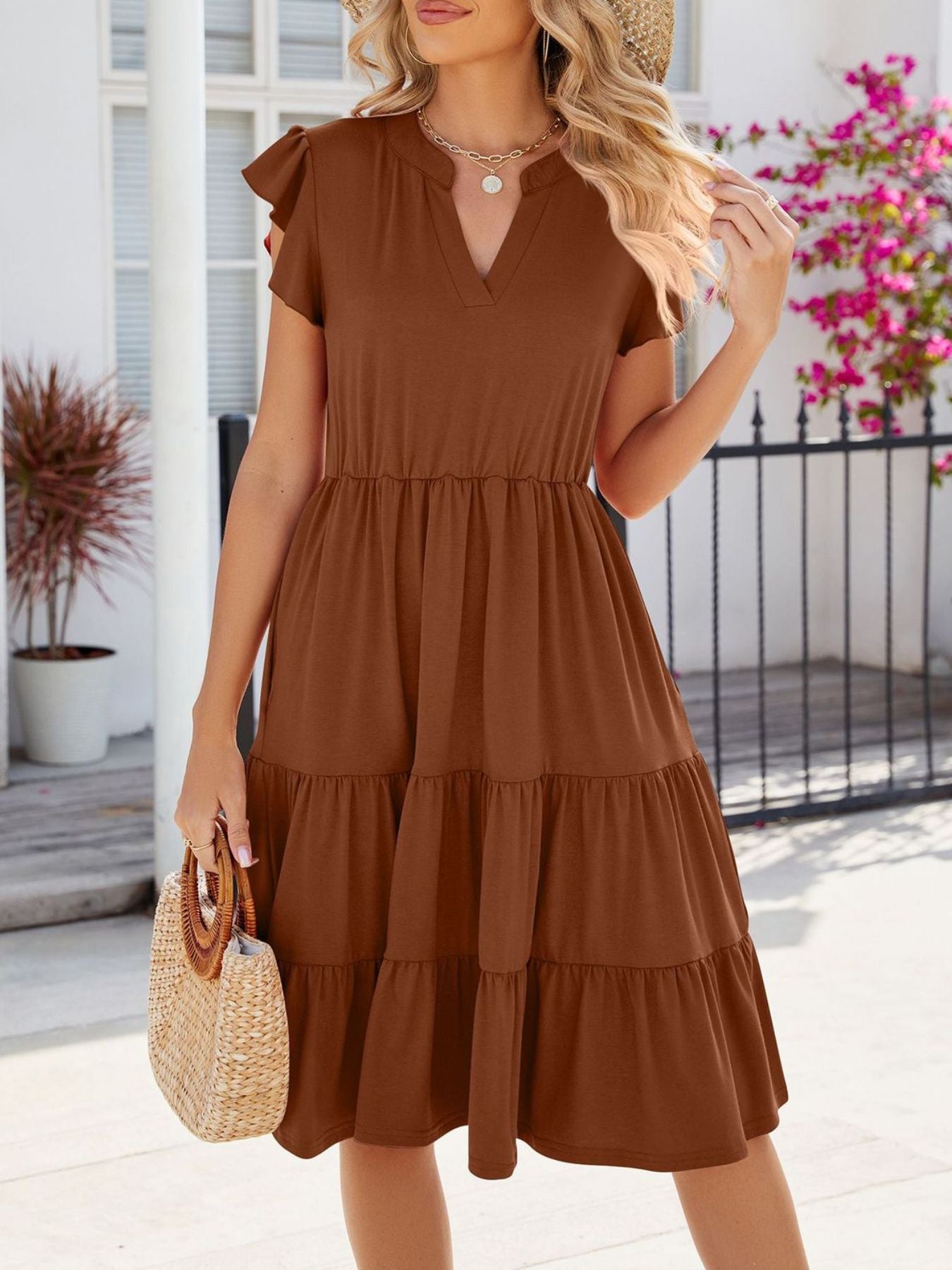 Ruffled Notched Tiered Midi Dress