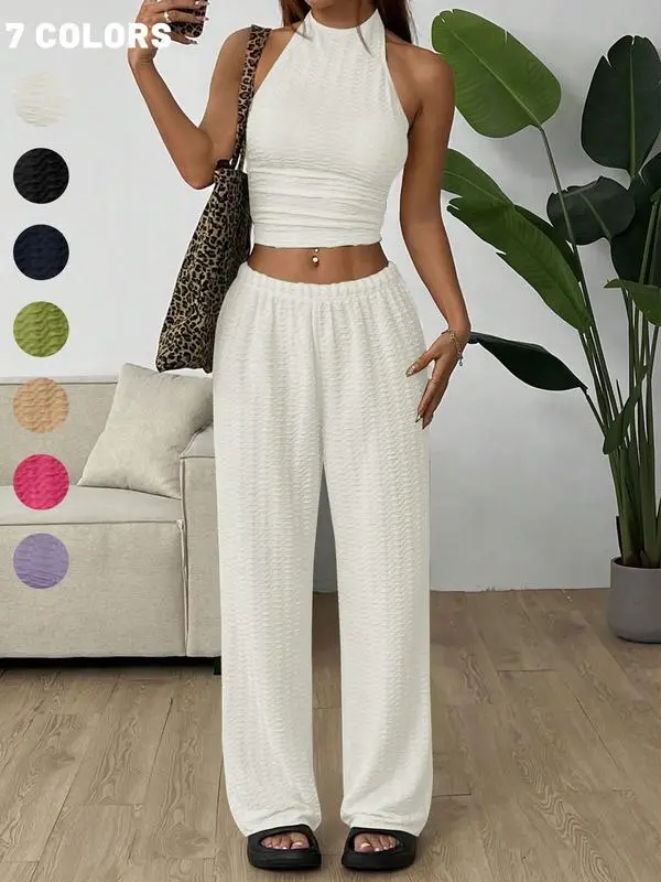 Women's Solid Crop Halter Neck Top & Wide Leg Pants Set