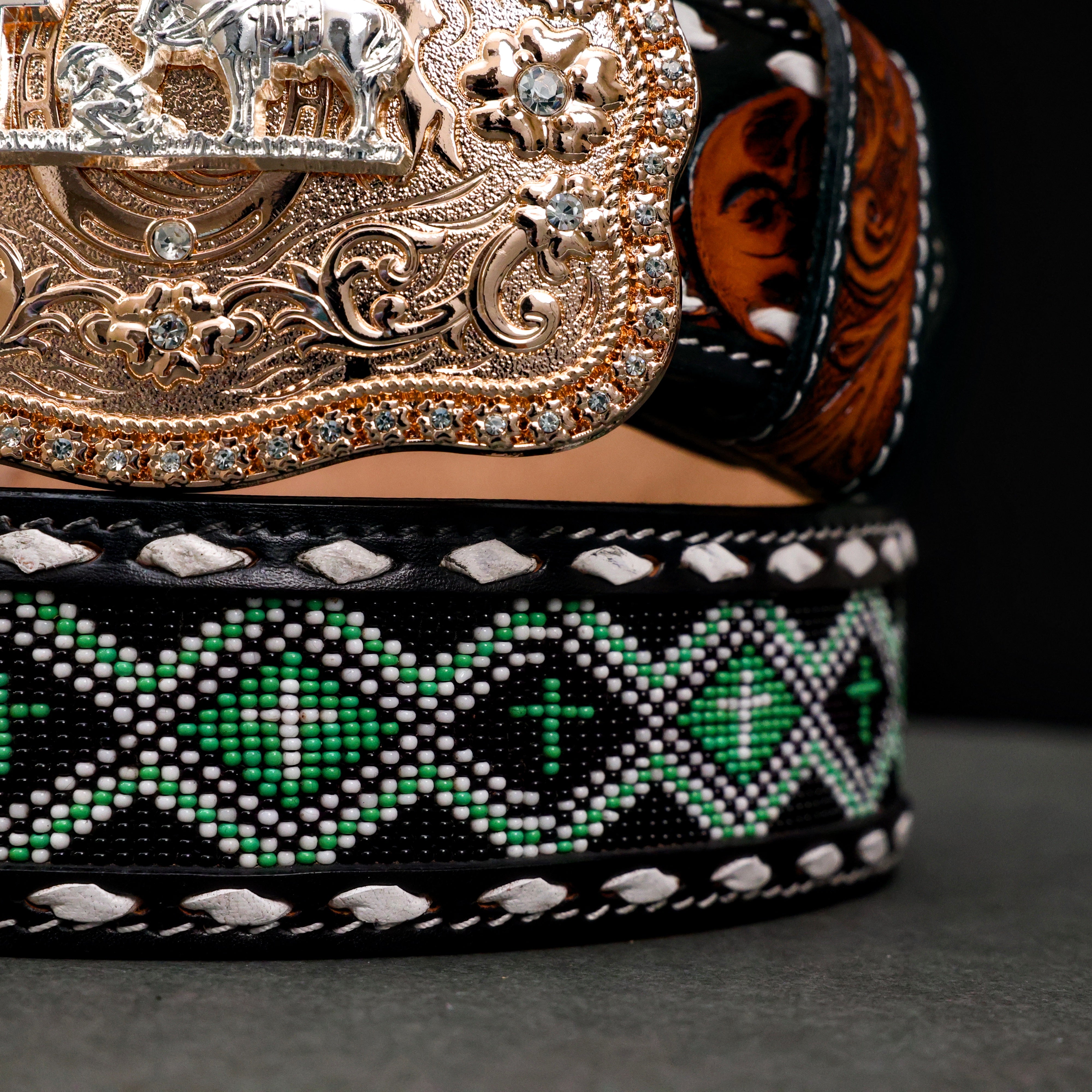 2 Inch Hand-Tooled Artesanal Beaded Leather Belt