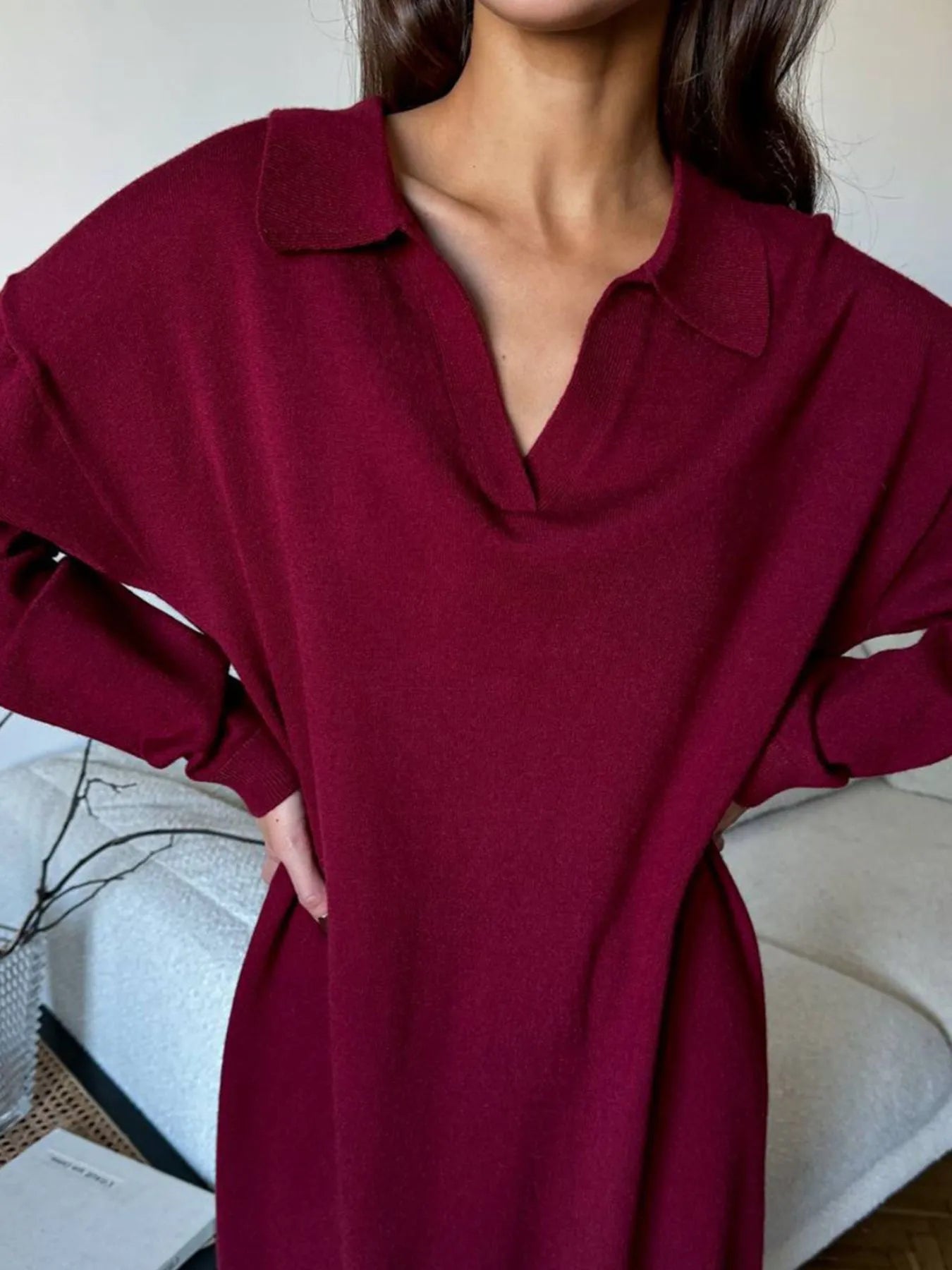 Long Sleeve Collared Neck Knit Dress