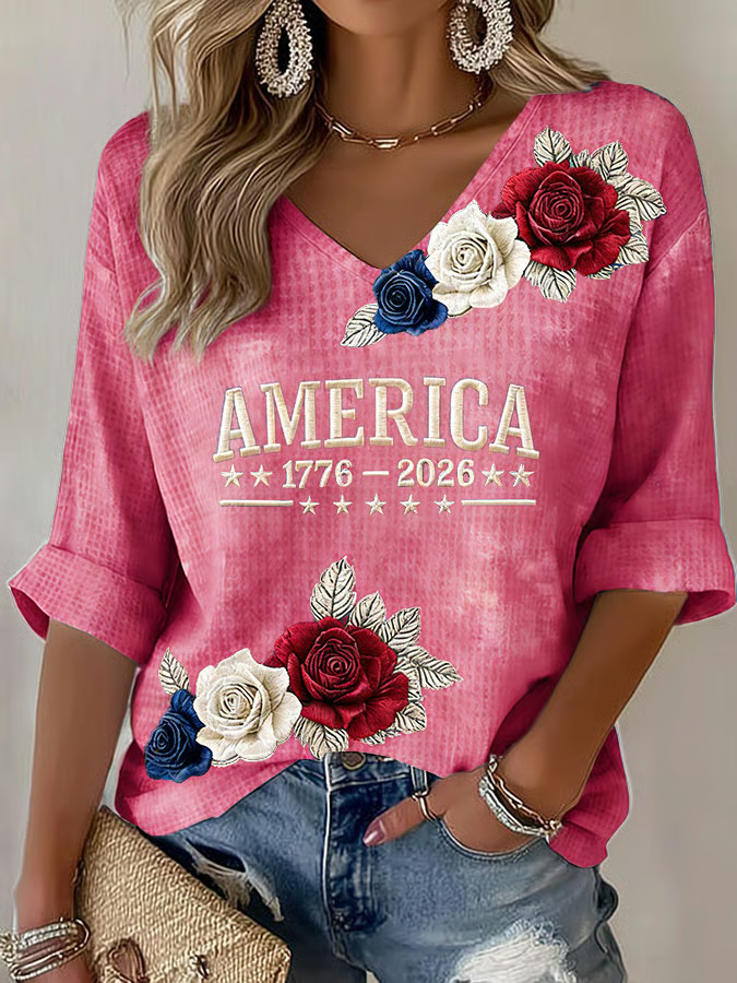 Women's American 250th Anniversary Three-Quarter Sleeve V-Neck Top