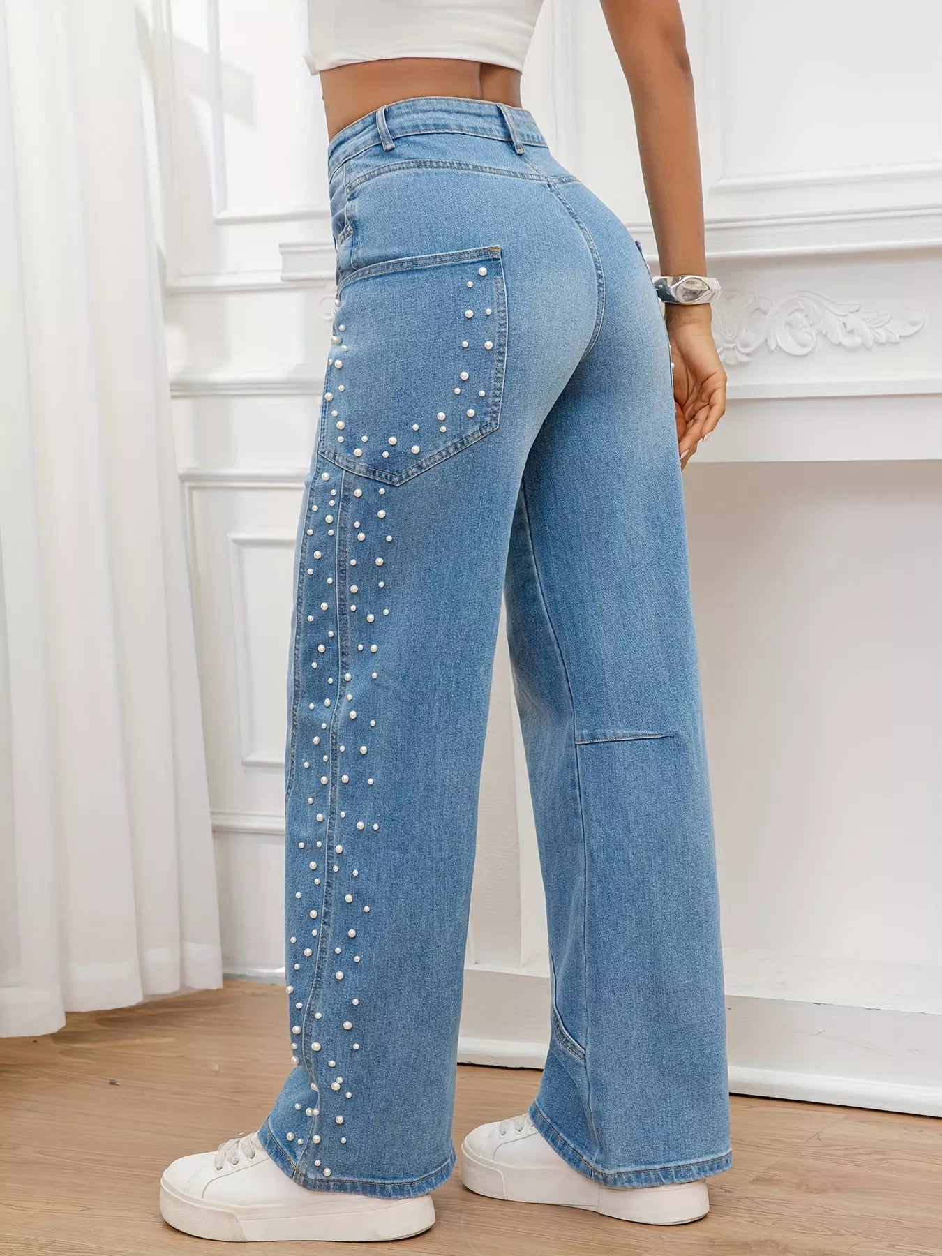 Pearl Embellished Wide Leg Jeans