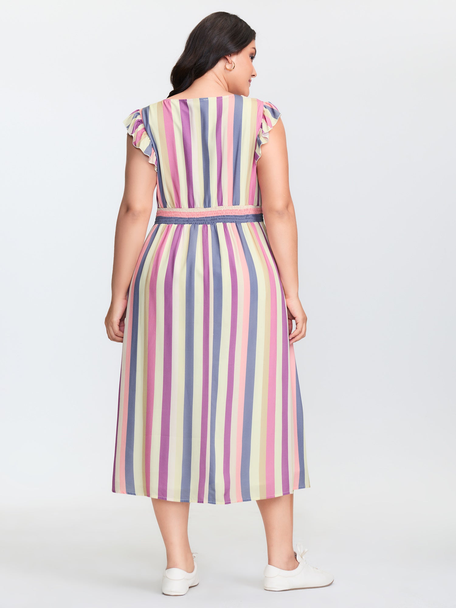 Striped Babydoll Flutter Sleeve Midi Dress