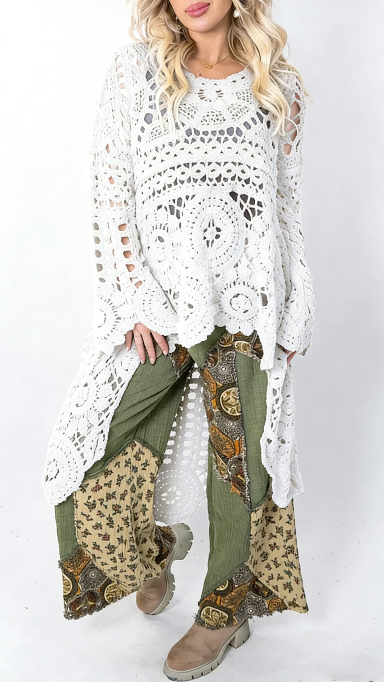 Women Round Neck Printed Hollow Out Casual Long Top