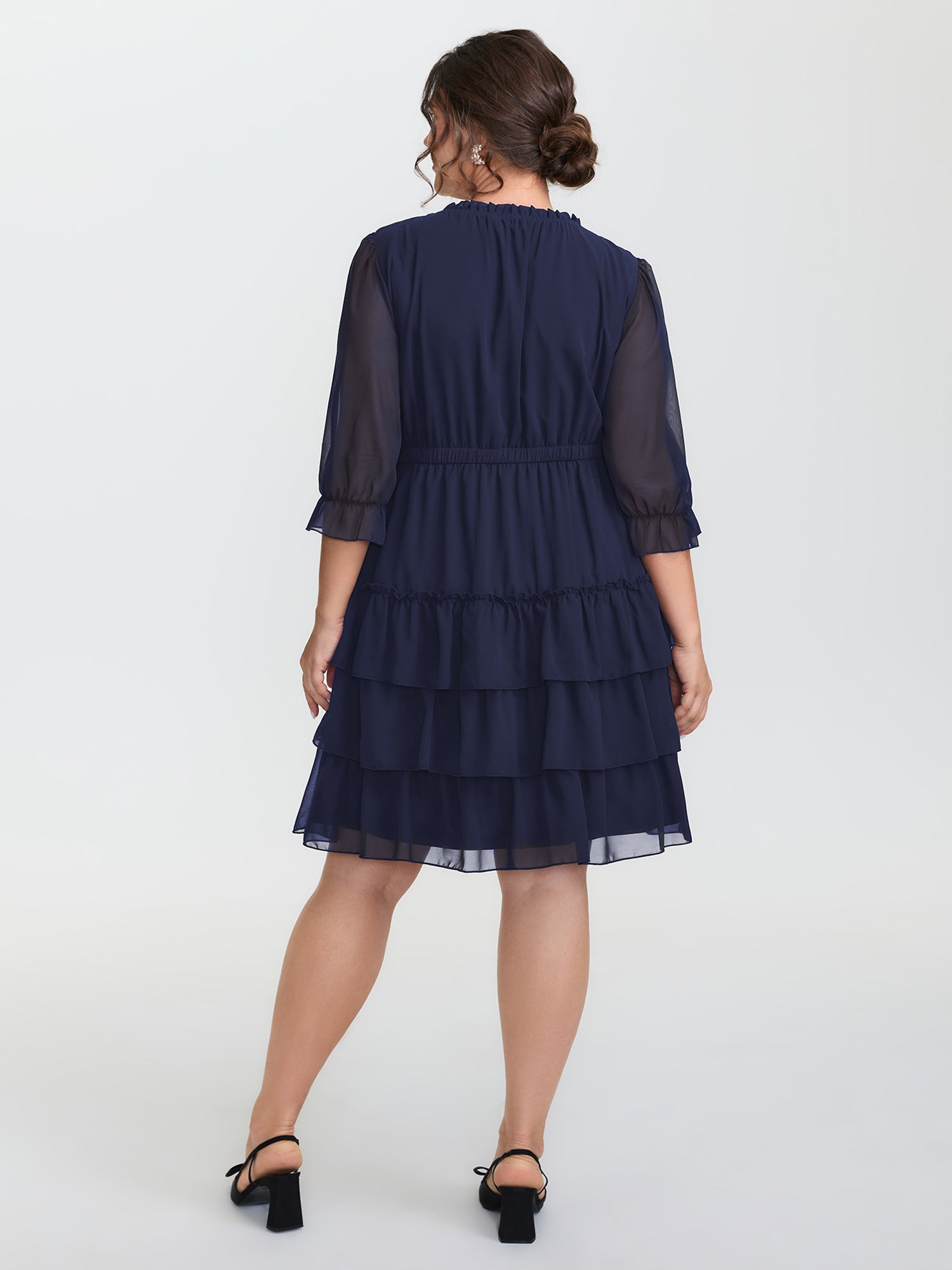 Three-Quarter Sleeve Tulle Skirt Knee-Length Dress