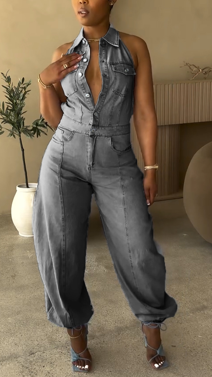 Ladies' Lapel Hollowed Out Casual Style Jumpsuit