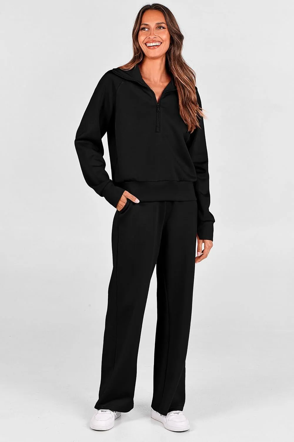 🔥Final Day Clearance!🛒Women's 2 Piece Outfits Casual Lapel Half Zip Sweatshirts And Wide Leg Pants Tracksuit Sets