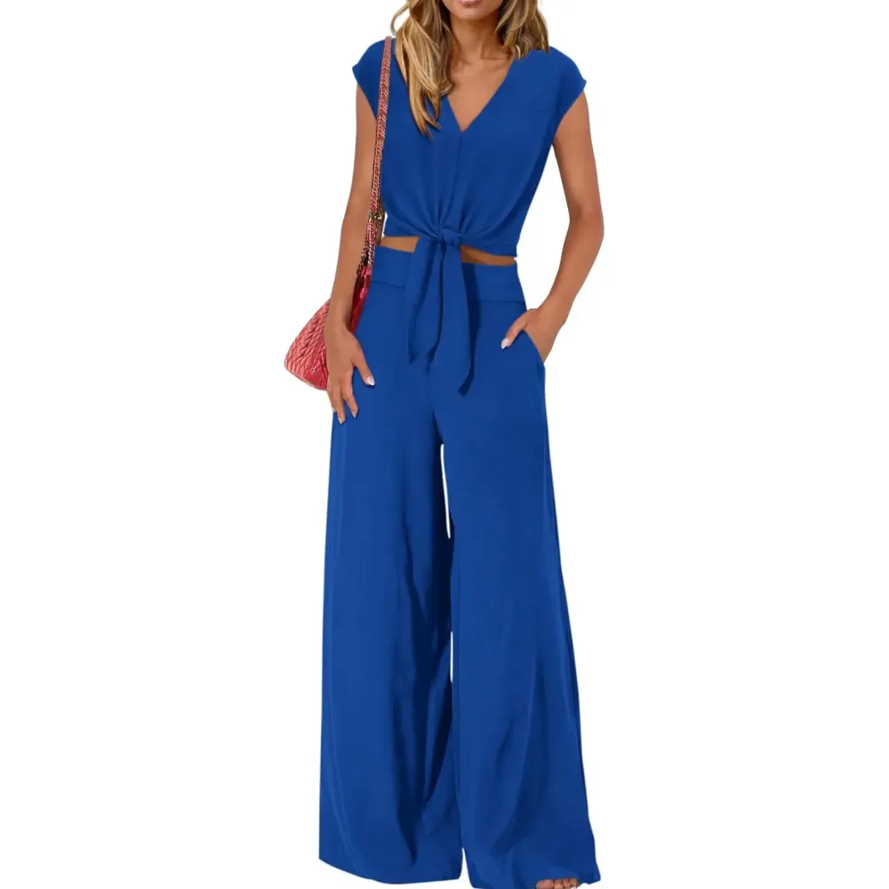 Women's V-Neck Tie Waist Crop Top & Wide Leg Pants 2-Piece Set