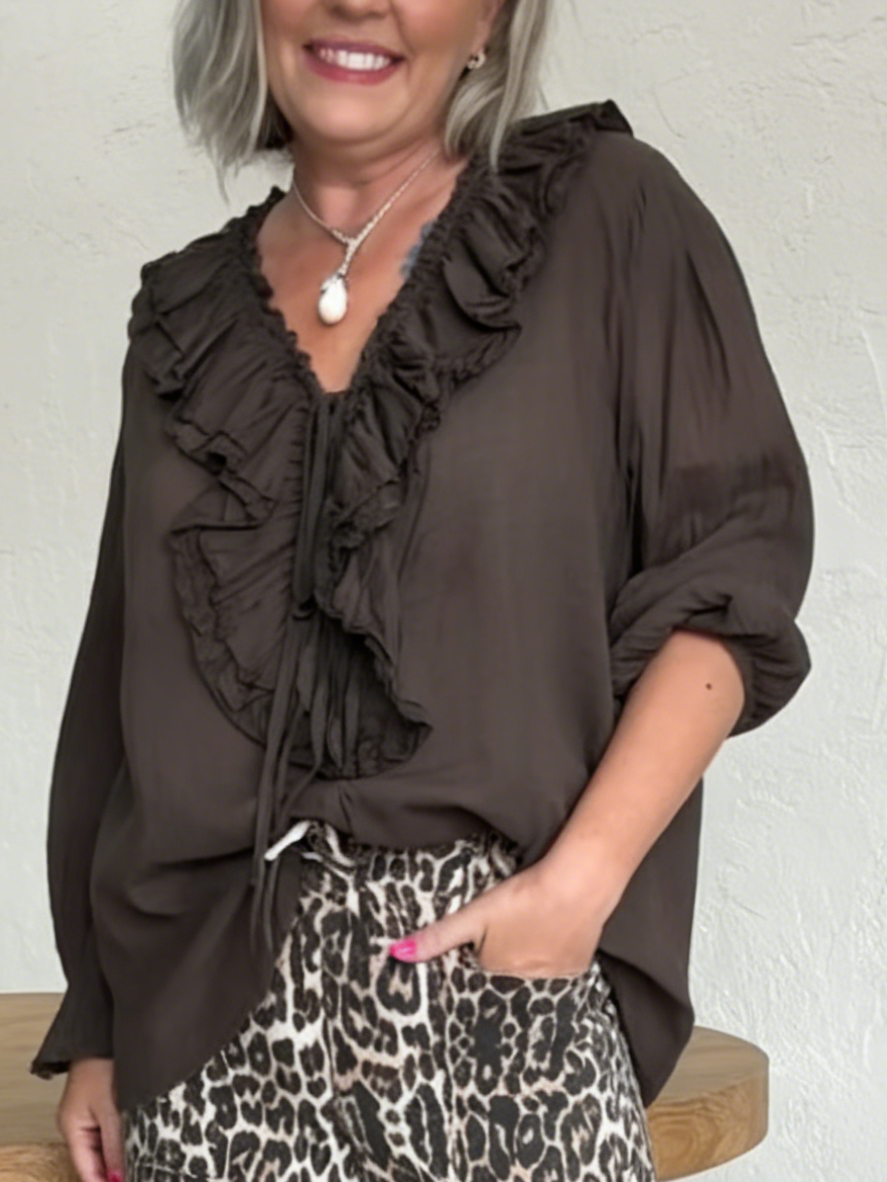Romantic V-neck Ruffled Linen-cotton Blouse