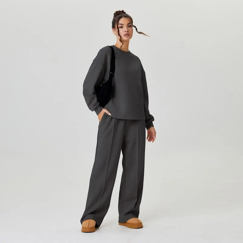 Women's Casual Solid Color Loose Long Sleeve Top & Exposed Stitches Trousers Co-ord