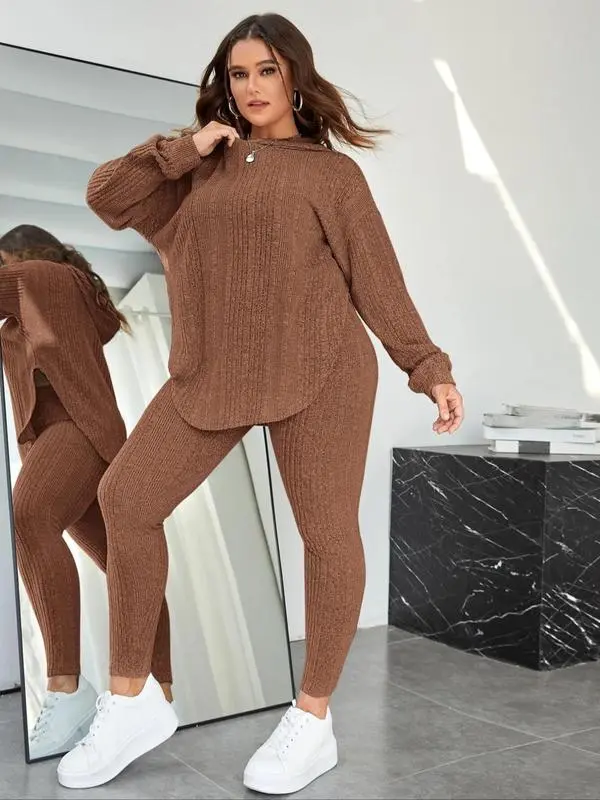 Plain Split Curved Hem Hoodie & Leggings Lounge Two-piece Set