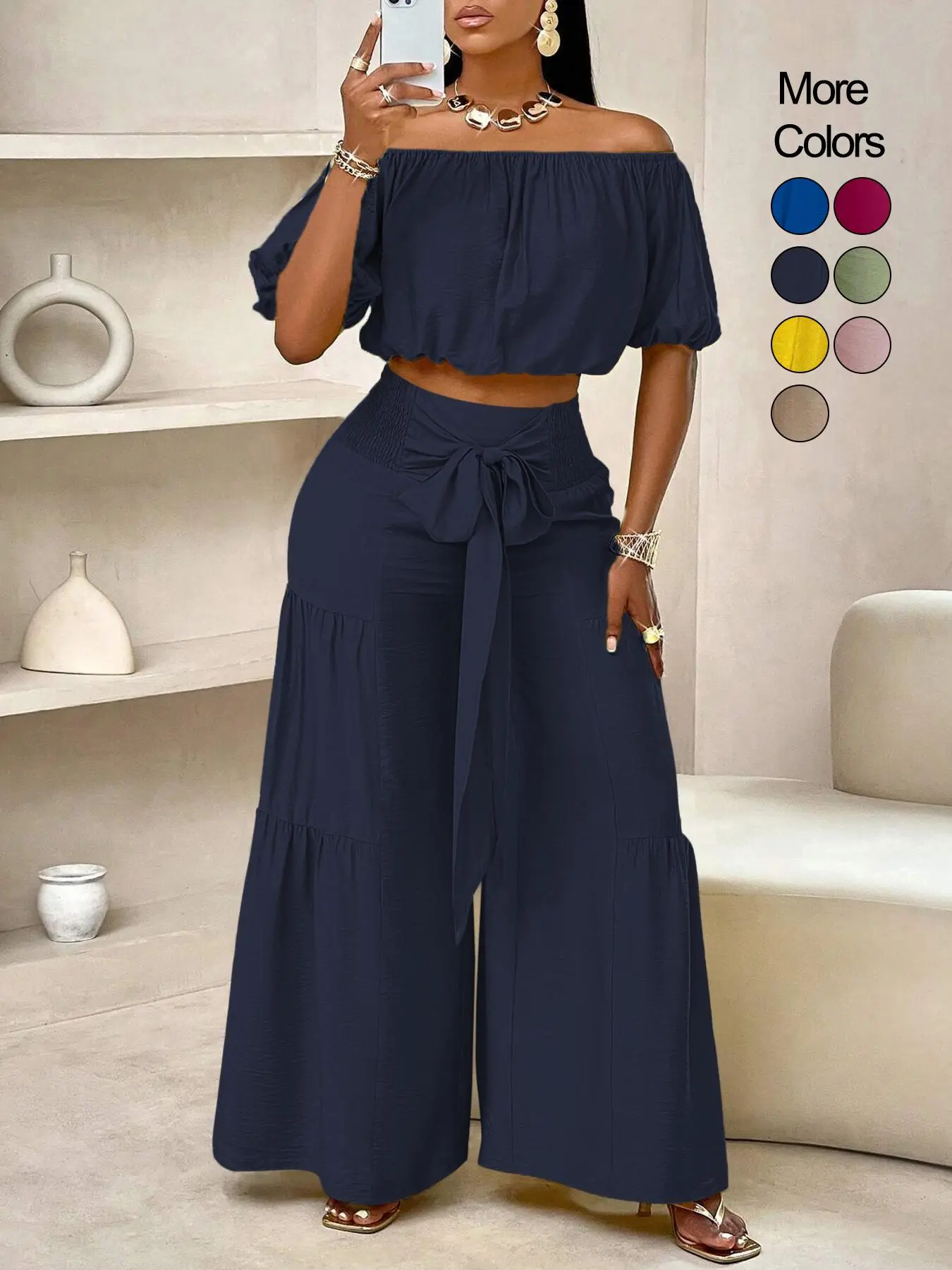 Summer Beach Vacation Bow Shoulderless Round Neck Shirt Wide Leg Pants Set