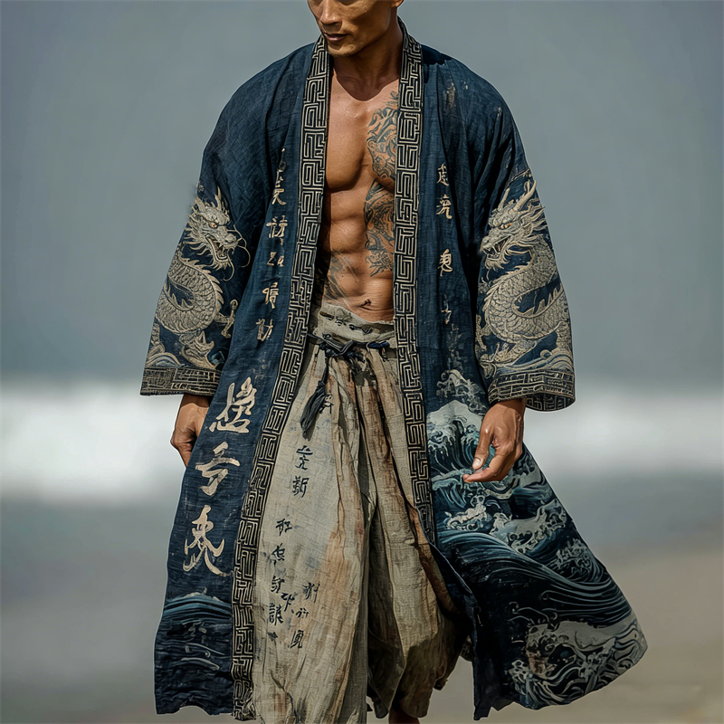 Men's Japanese Dragons Sea Waves Calligraphy Linen Long Kimono