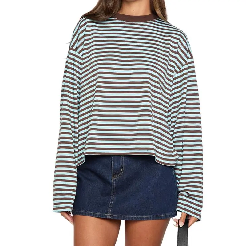 Women Long Sleeve Crew Neck Loose Striped T Shirt