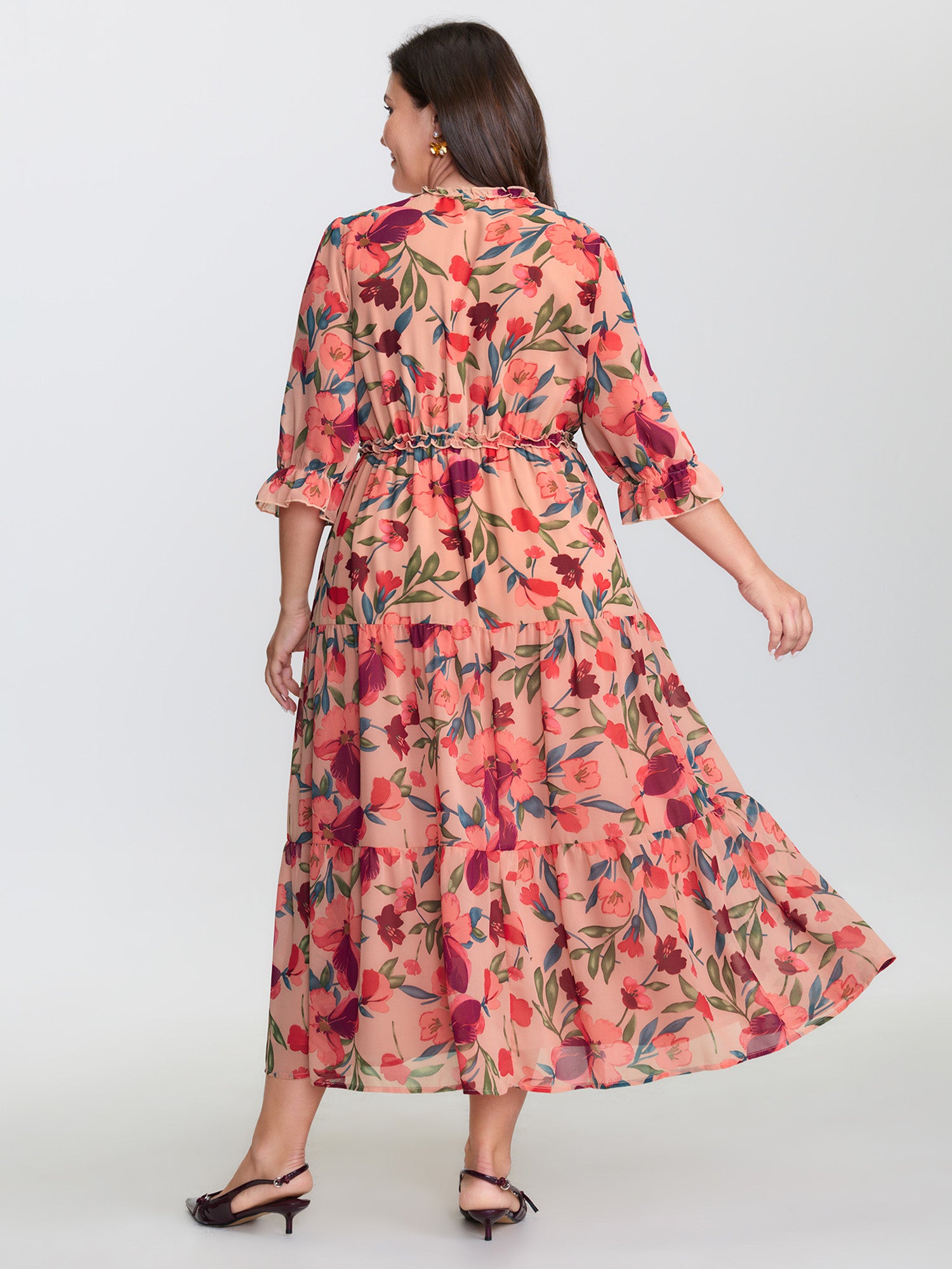 Romantic Floral Print Ruffled Edge Maxi Dress