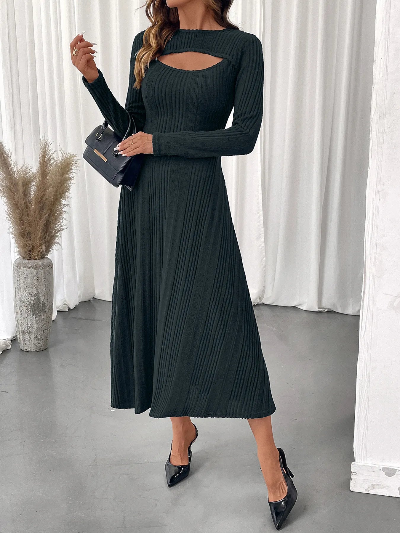 Ribbed Knit Cutout Long Sleeve Midi Dress