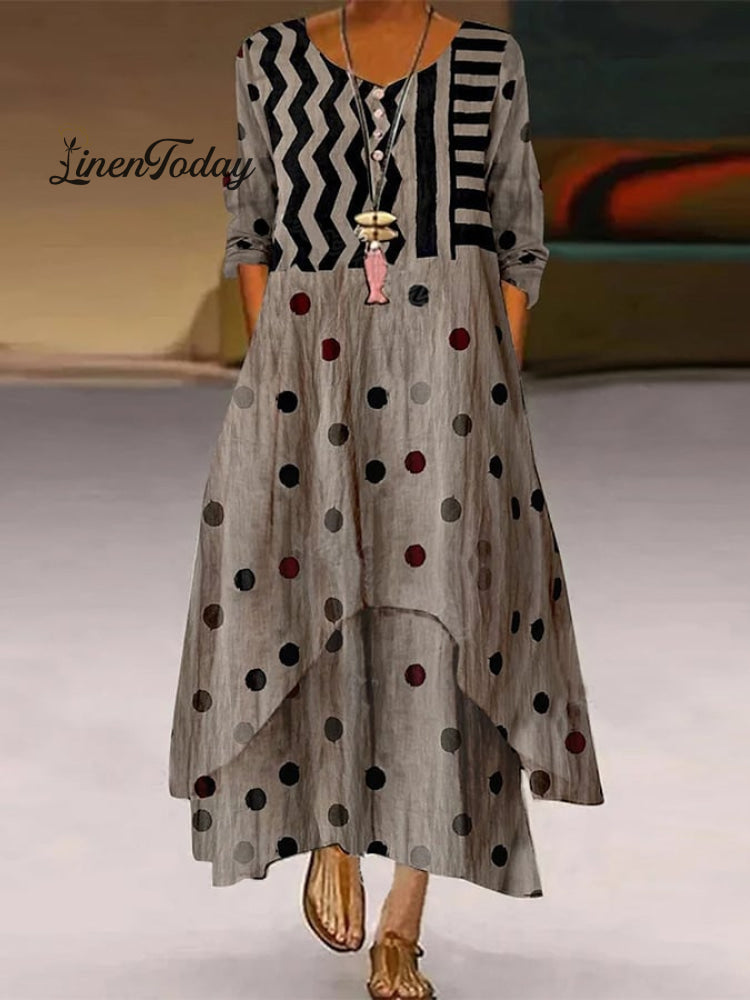 Elegant Casual Double Layer Print Contrast Color Dress