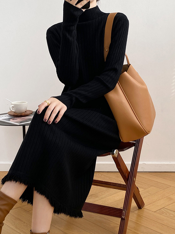 Fringed Solid Color Long Sleeves Loose Mock Neck Sweater Dresses Midi Dresses