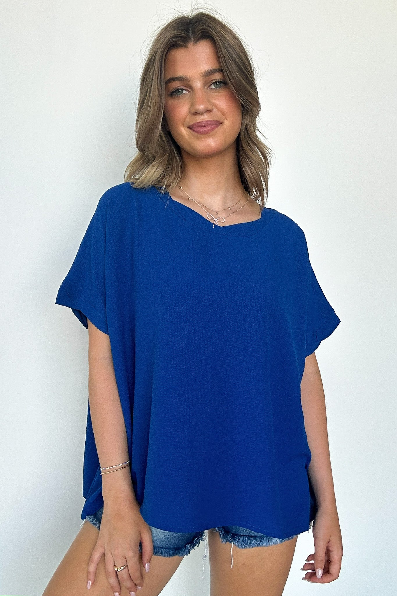 Woven Round Neck Flowy Top