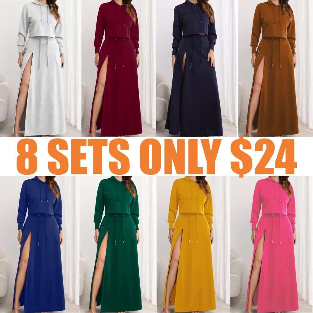 Women's Solid Drawstring Hoodie & Split Thigh Skirt Set