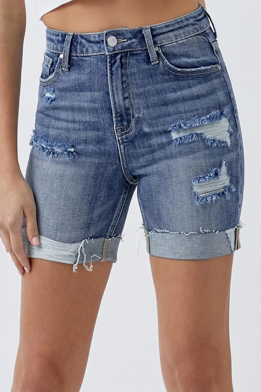 Distressed Rolled Denim Shorts