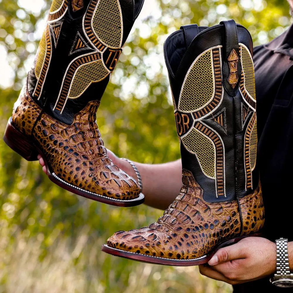 Honey Caiman Neck Leather Boots - Square Toe