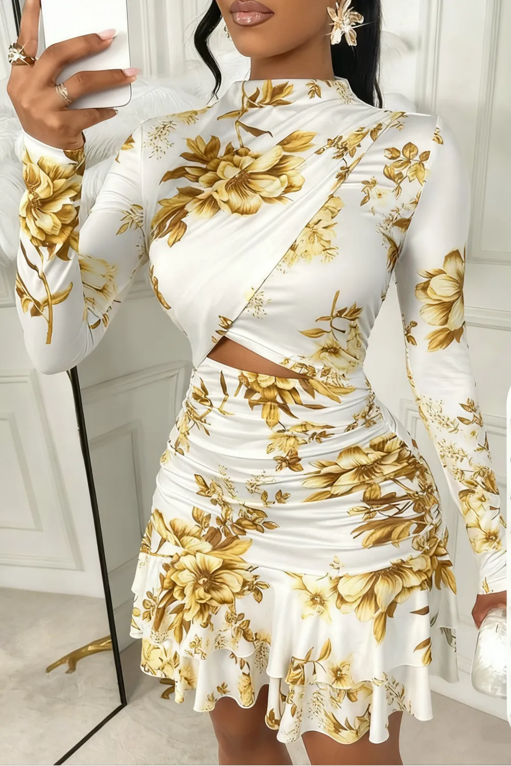 Women's Floral Stand-Collar Ruffled-Hem Mini Dress