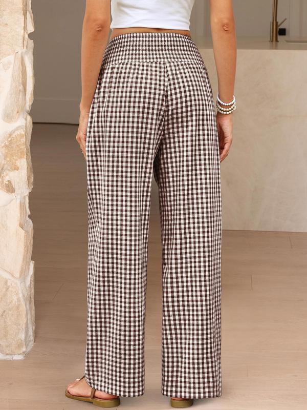 Women’s Gingham High-Waist Palazzo Lounge Pants with Pockets