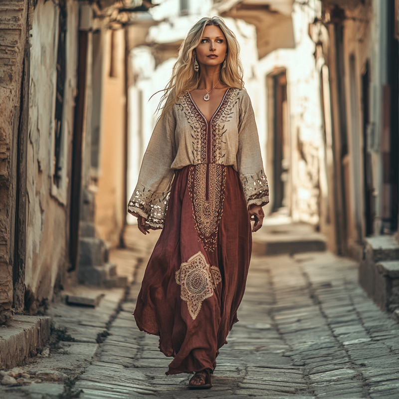 Ethnic Embroidery Vintage Casual Linen Dress 30a7
