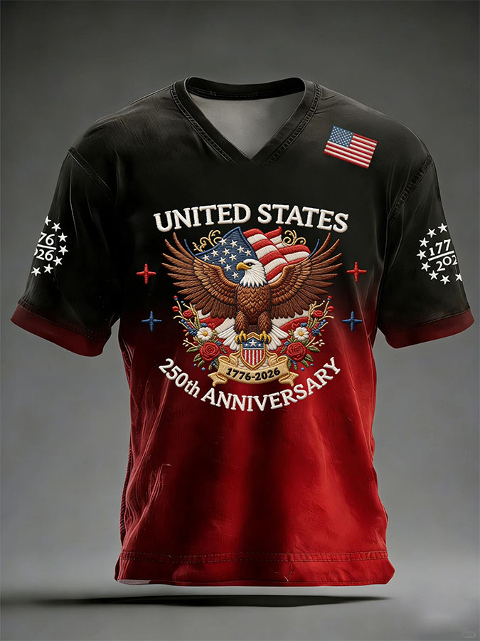 Men'S American Independence Day 250Th Anniversary Printed Short Sleeved V-Neck T-Shirt
