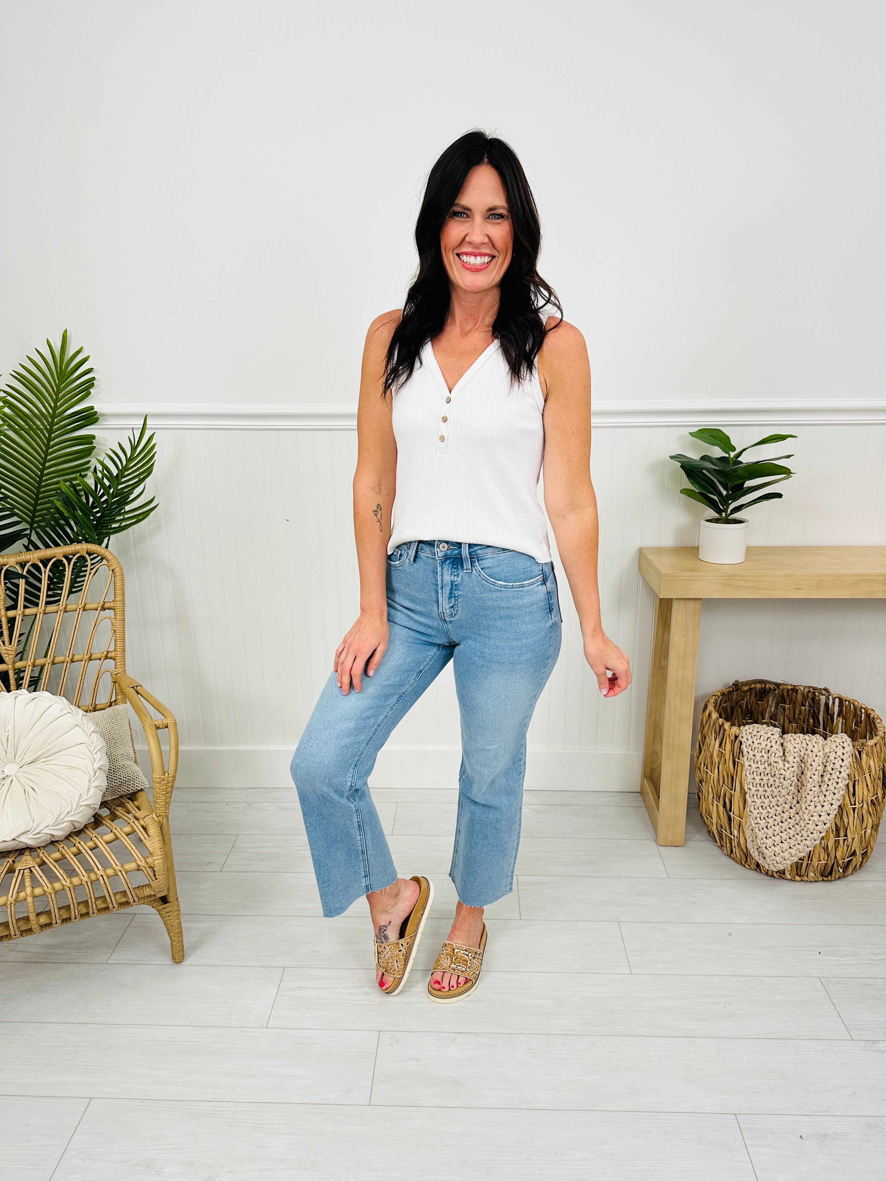 Somewhere Sunny Tummy Control Cropped Slim Fit Wide Leg Jeans