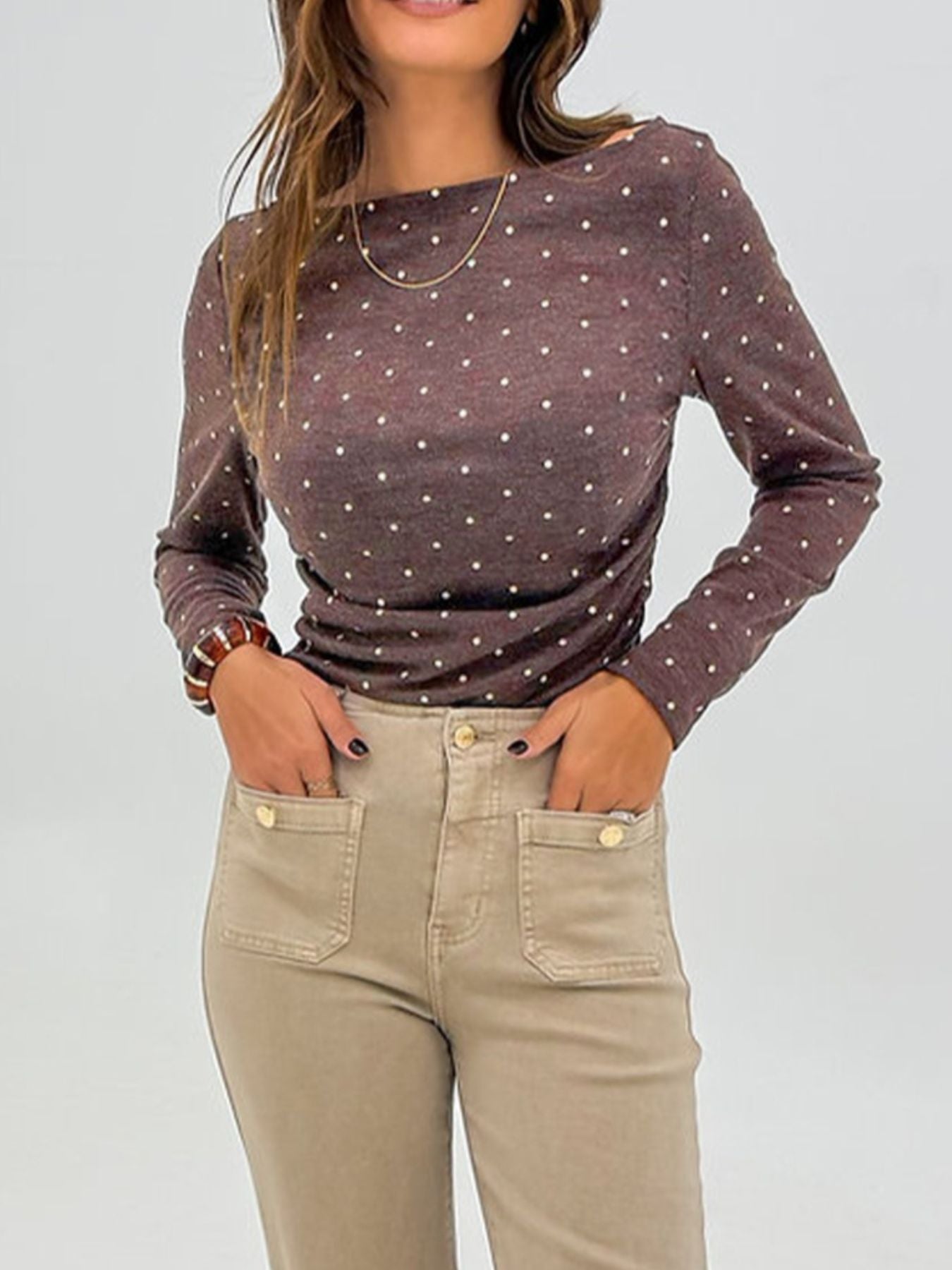 Polka Dot Boat Neck Knit Long Sleeve T Shirt